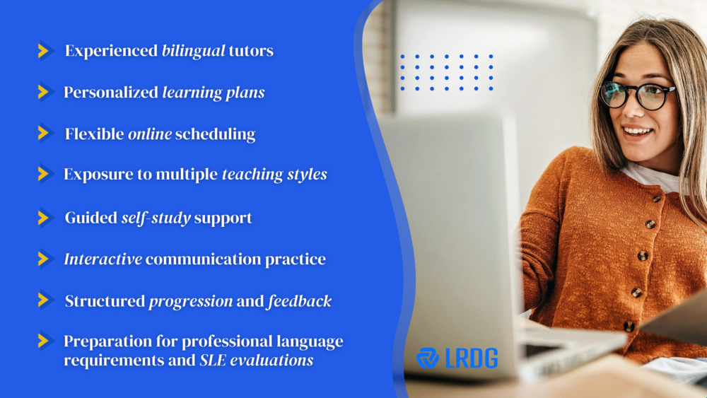 Experienced bilingual tutors,
Personalized learning plans, 
Flexible online scheduling, 
Exposure to multiple teaching styles, 
Guided self-study support, 
Interactive communication practice, 
Structured progression and feedback, 
Preparation for professional language requirements and SLE evaluations.